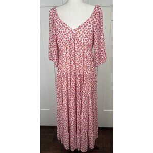 NWT Pink Red Floral Maxi Dress Cottagecore Tiered 3/4 Sleeve Scoop Neck Size L